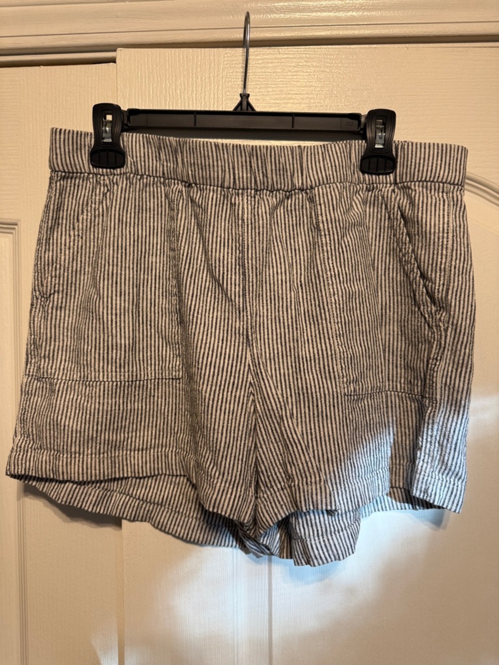J. Crew Factory Black & White Striped High-Waist Linen-Blend Shorts